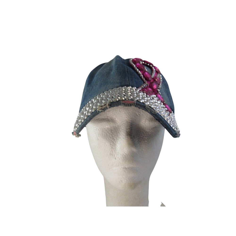 Washed Denim Bling Baseball Cap with Pink Ribbon & Rhinestones - Breast Cancer